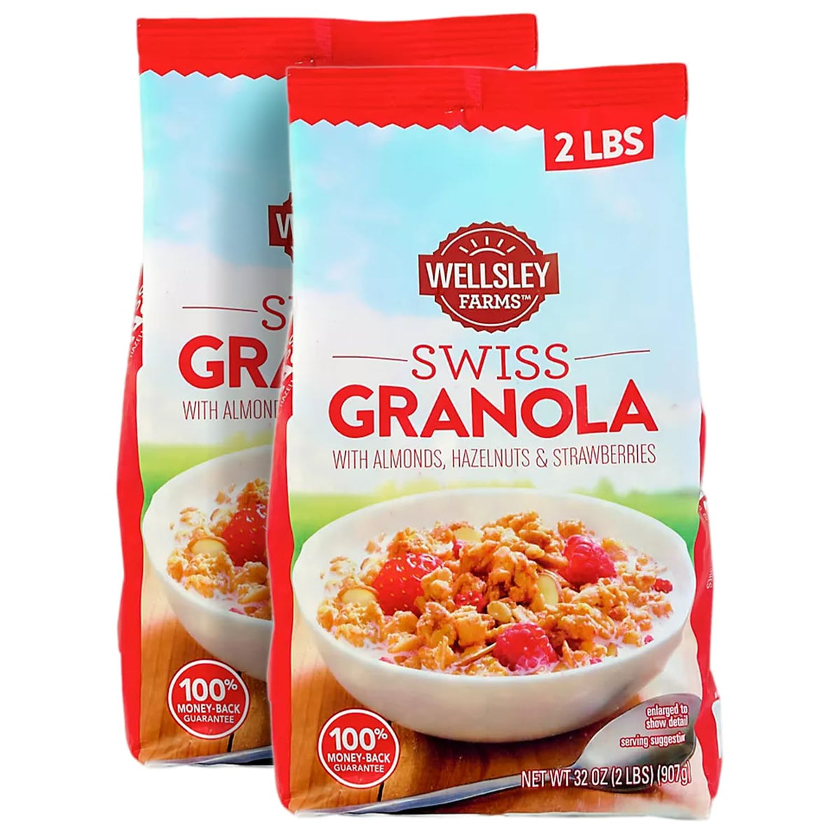Wellsley Farms Swiss Granola packaging close-up highlighting freshness, ideal for quick breakfasts.