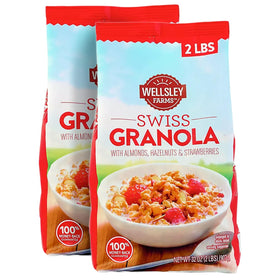 Wellsley Farms Swiss Granola packaging close-up highlighting freshness, ideal for quick breakfasts.