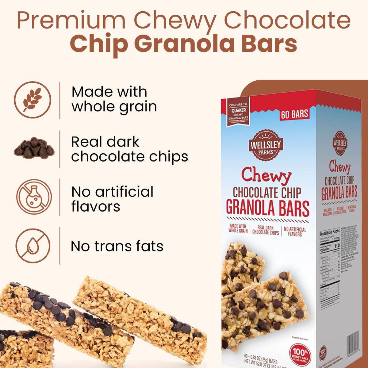 Closeup of chocolate chips in Wellsley Farms granola bar for rich flavor