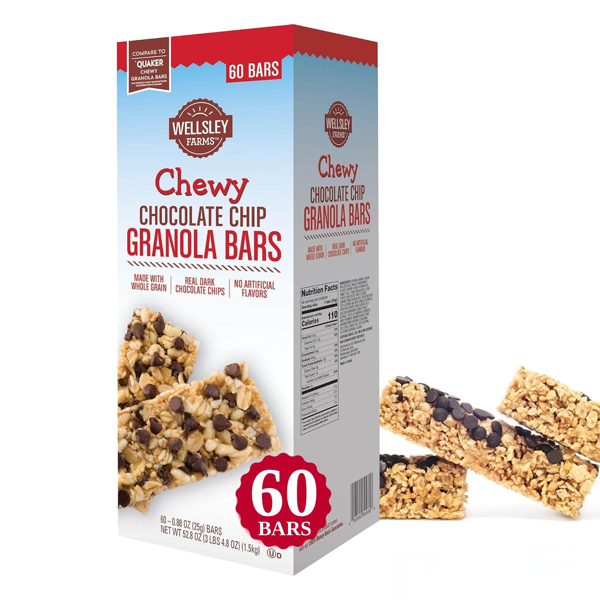 Wellsley Farms chewy chocolate chip granola bar packaging emphasizes convenience and value