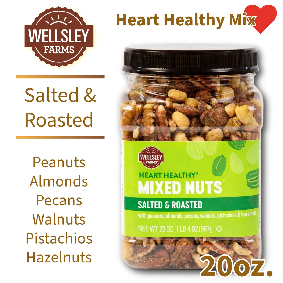 Wellsley Farms Heart Healthy Nut Mix ingredients close-up showing premium nuts.