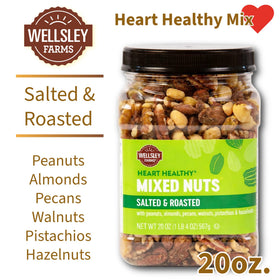 Wellsley Farms Heart Healthy Nut Mix ingredients close-up showing premium nuts.