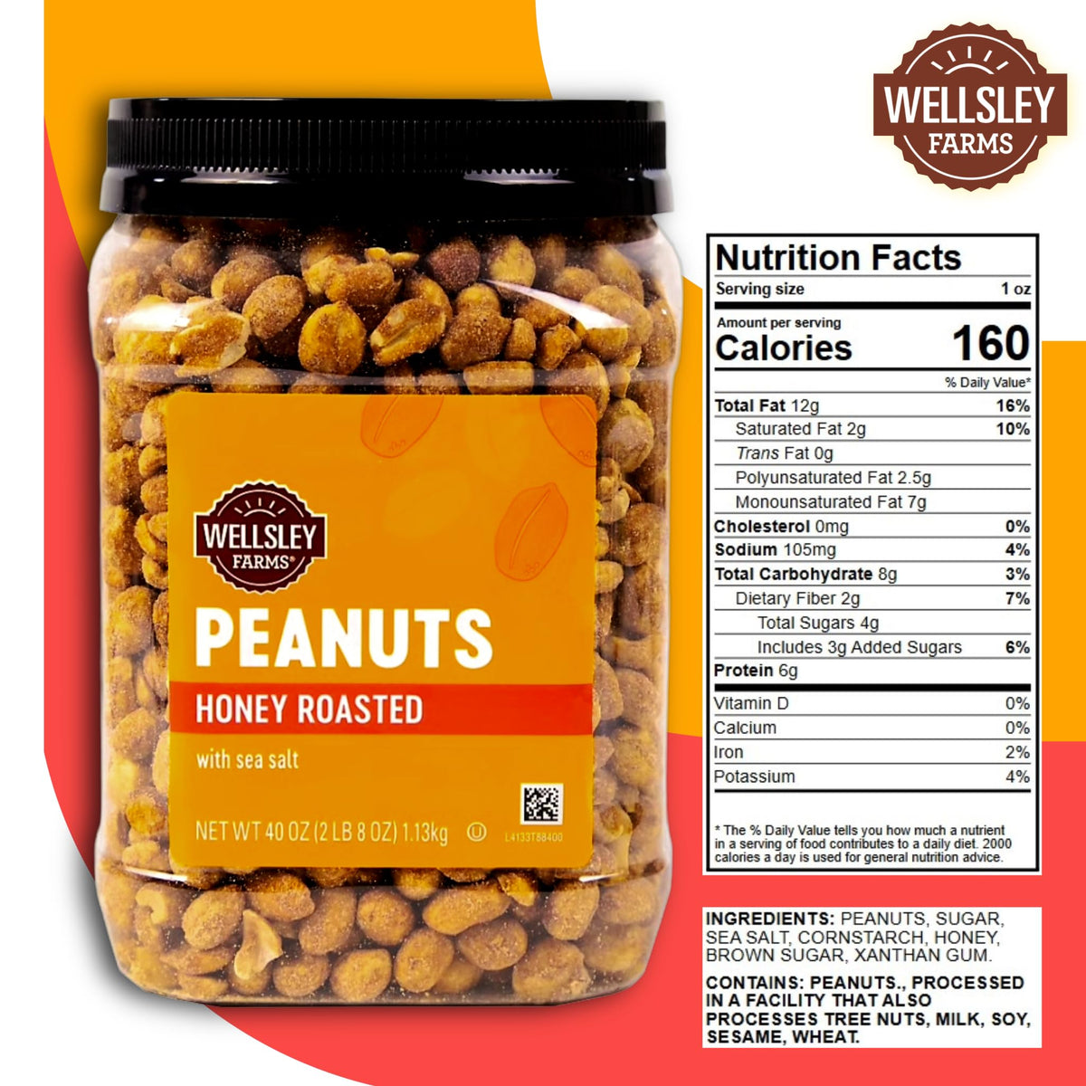 Wellsley Farms honey roasted peanuts close-up showing glossy glaze and sea salt crystals.