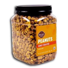 Wellsley Farms Honey Roasted Peanuts in a jar with sea salt, ideal for snacking.