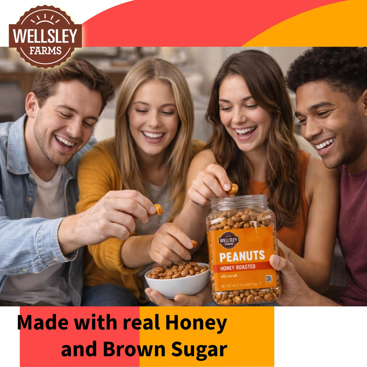 Wellsley Farms honey roasted peanuts served in a bowl, perfect for gatherings.