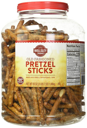 Wellsley Farms pretzel sticks in brown package for easy snacking at home.