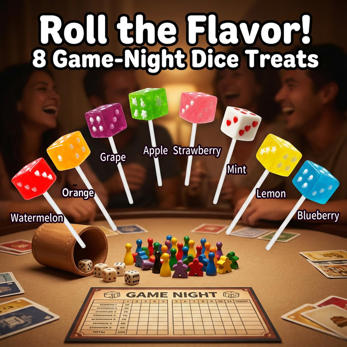 WellSpring eight-flavor dice lollipops in a bright color palette for parties