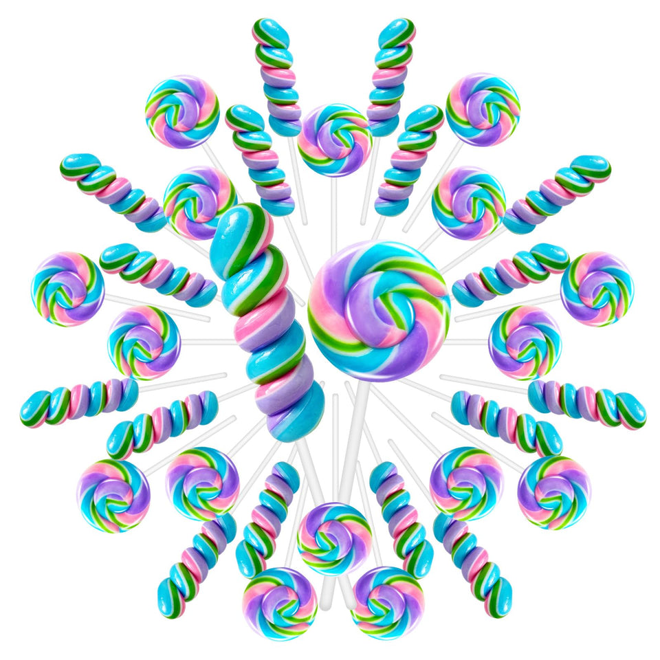WellSpring Rainbow Swirl Lollipops add vibrant color to party tables and themes.