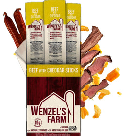 Wenzel's Farm beef with cheddar sticks, hickory-smoked, protein-packed snack for busy days.