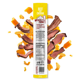 Wenzel's Farm beef with cheddar sticks, no MSG, clean snack option.