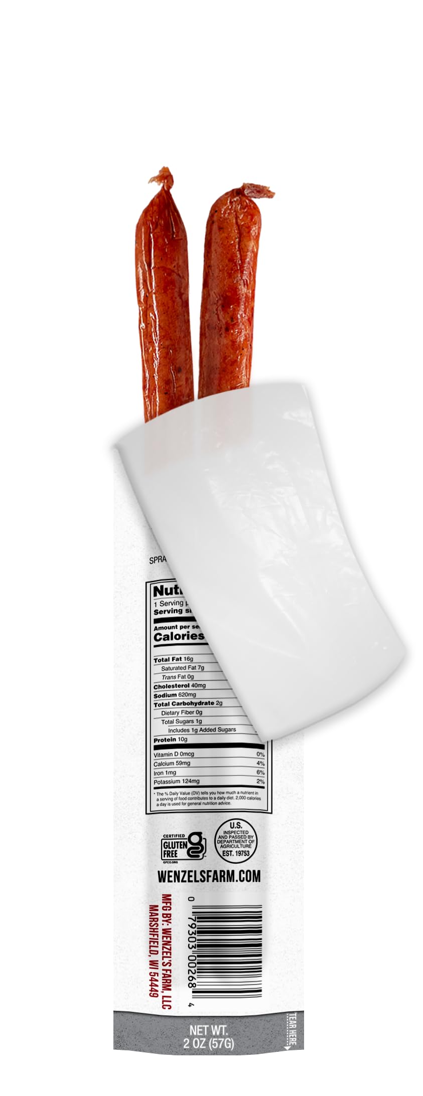 Wenzel's Farm beef pepperjack sticks ingredients label highlighting no MSG or fillers.
