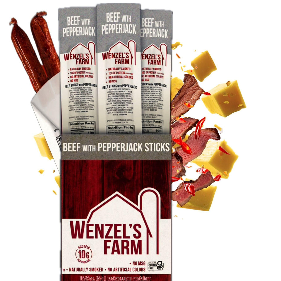 Wenzel's Farm Beef with Pepperjack Sticks pack showing a convenient, high-protein snack.