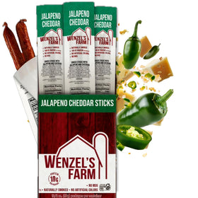 Wenzel's Farm Jalapeño Cheddar Sticks front packaging for protein-packed snack