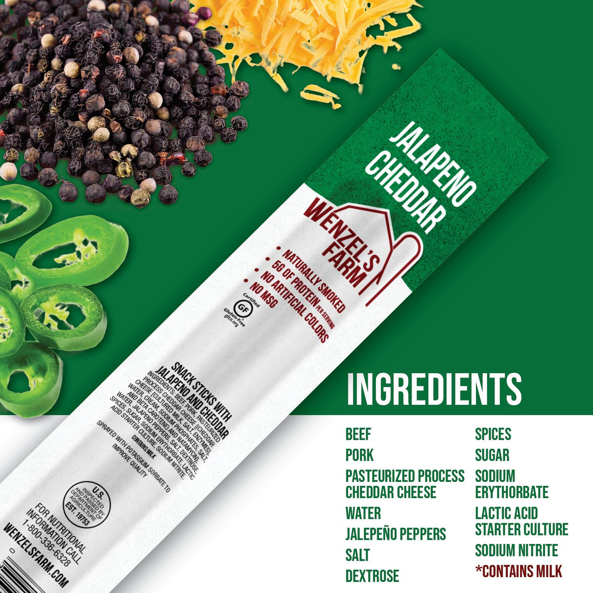 Wenzel's Farm Jalapeño Cheddar Sticks gluten-free label on packaging