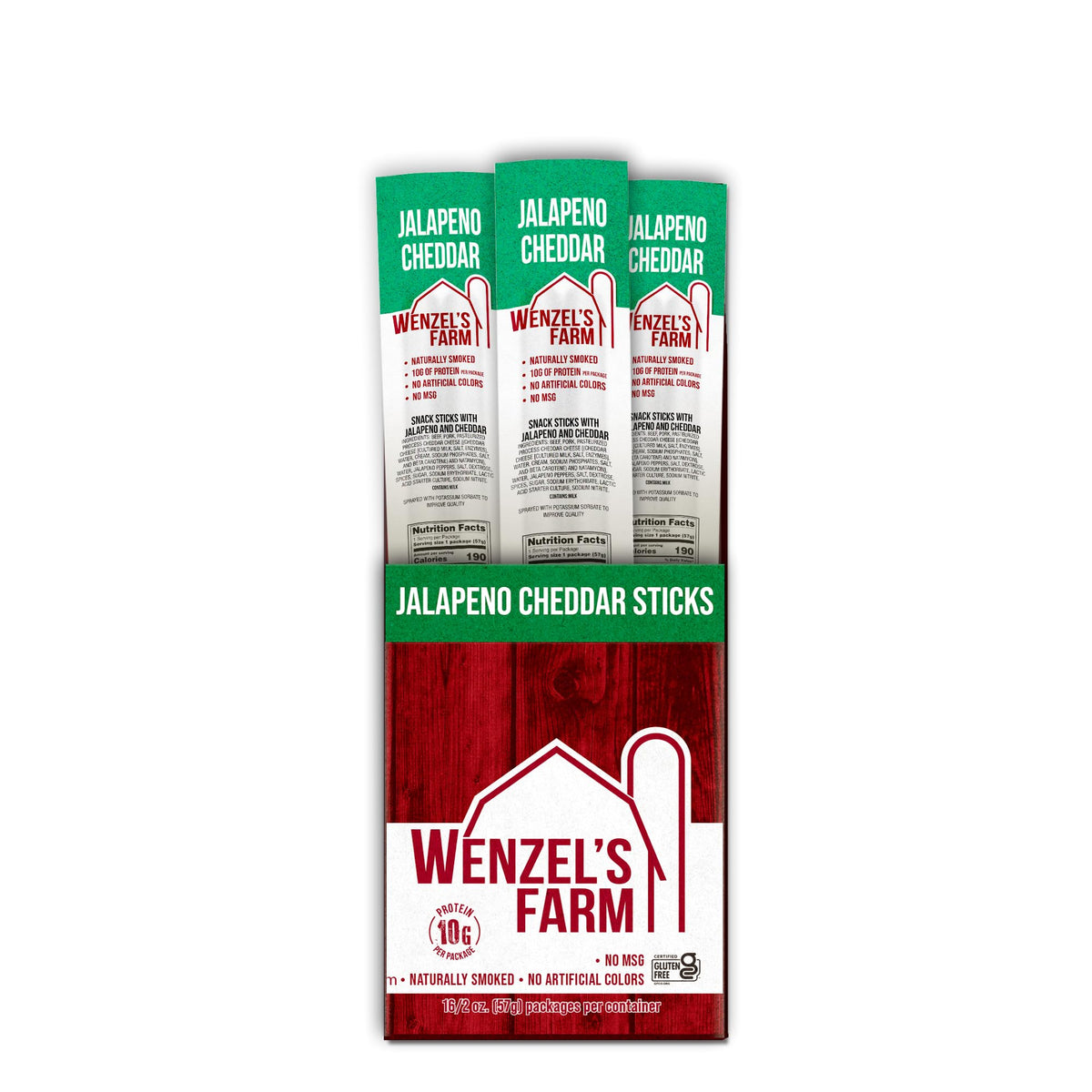 Wenzel's Farm Jalapeño Cheddar Sticks ingredient panel highlighting gluten-free recipe