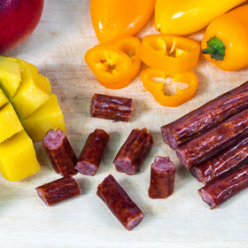 Wenzel's Farm real meat sticks close-up with mango and habanero flavor