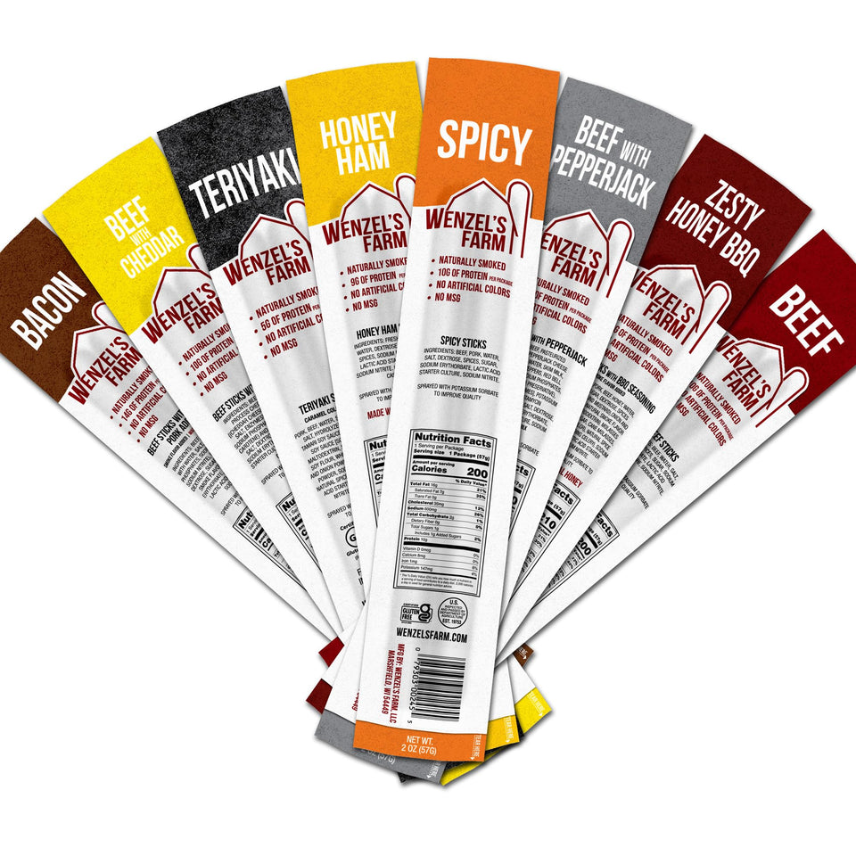 Wenzel's Farm Original Pack sticks show classic beef flavor for on-the-go protein.