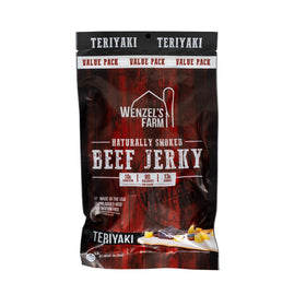 Wenzel's Farm Teriyaki Beef Jerky 10 oz bag on rustic wood, gluten-free snack