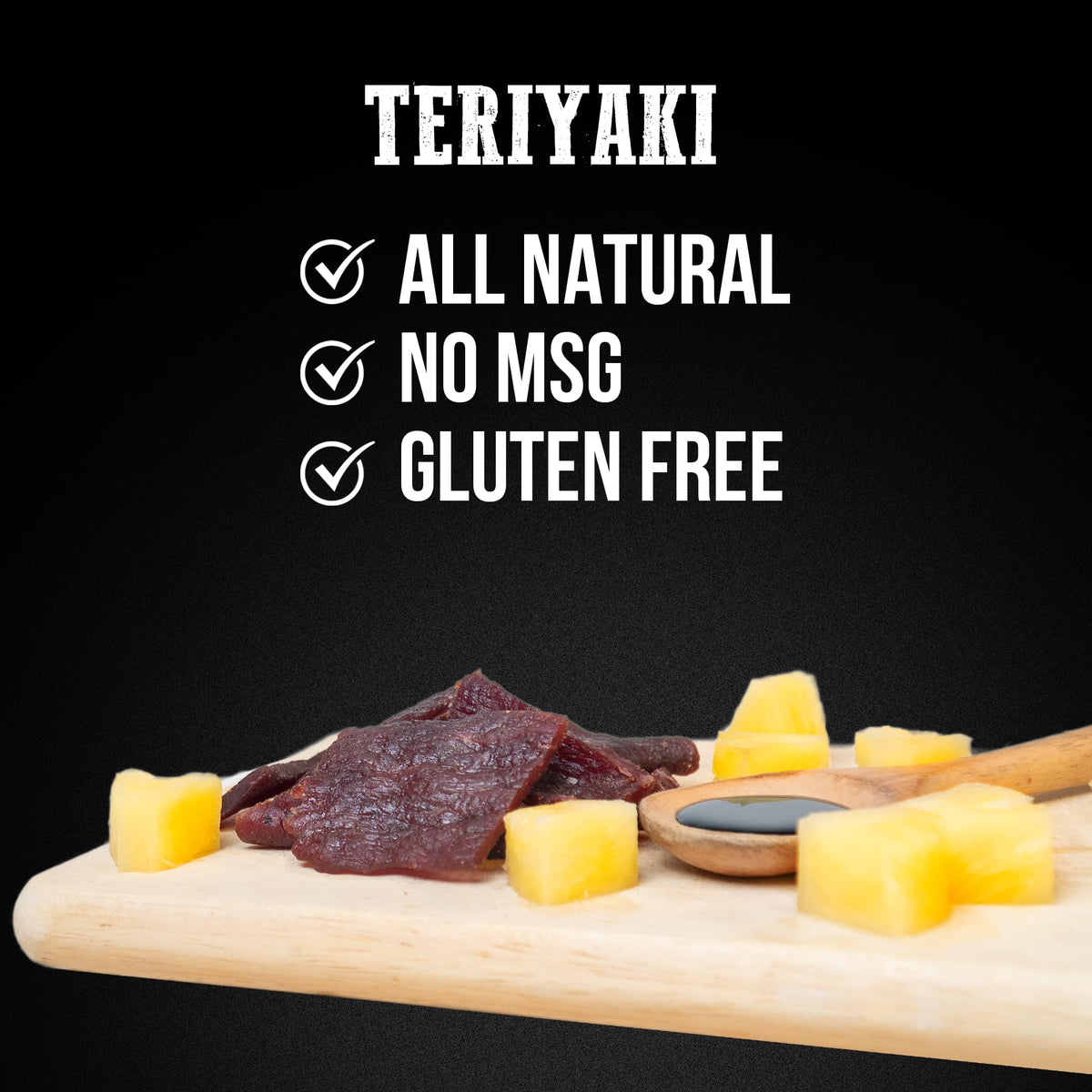 Wenzel's Farm Teriyaki Beef Jerky packaging with hickory smoke badge, travel-friendly