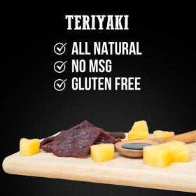 Wenzel's Farm Teriyaki Beef Jerky packaging with hickory smoke badge, travel-friendly