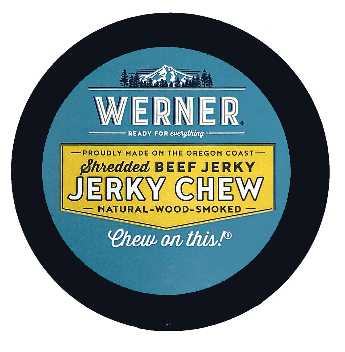 Werner shredded beef jerky chew close-up shows tender, spice-coated texture.