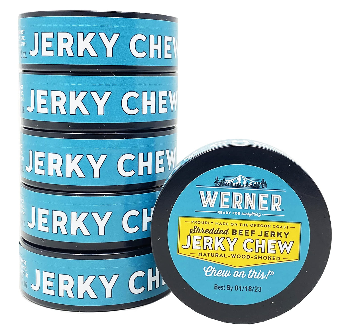 Werner beef jerky chew tin six-pack, portable protein snack for on-the-go.
