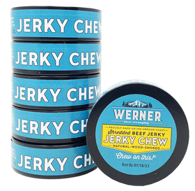 Werner beef jerky chew tin six-pack, portable protein snack for on-the-go.