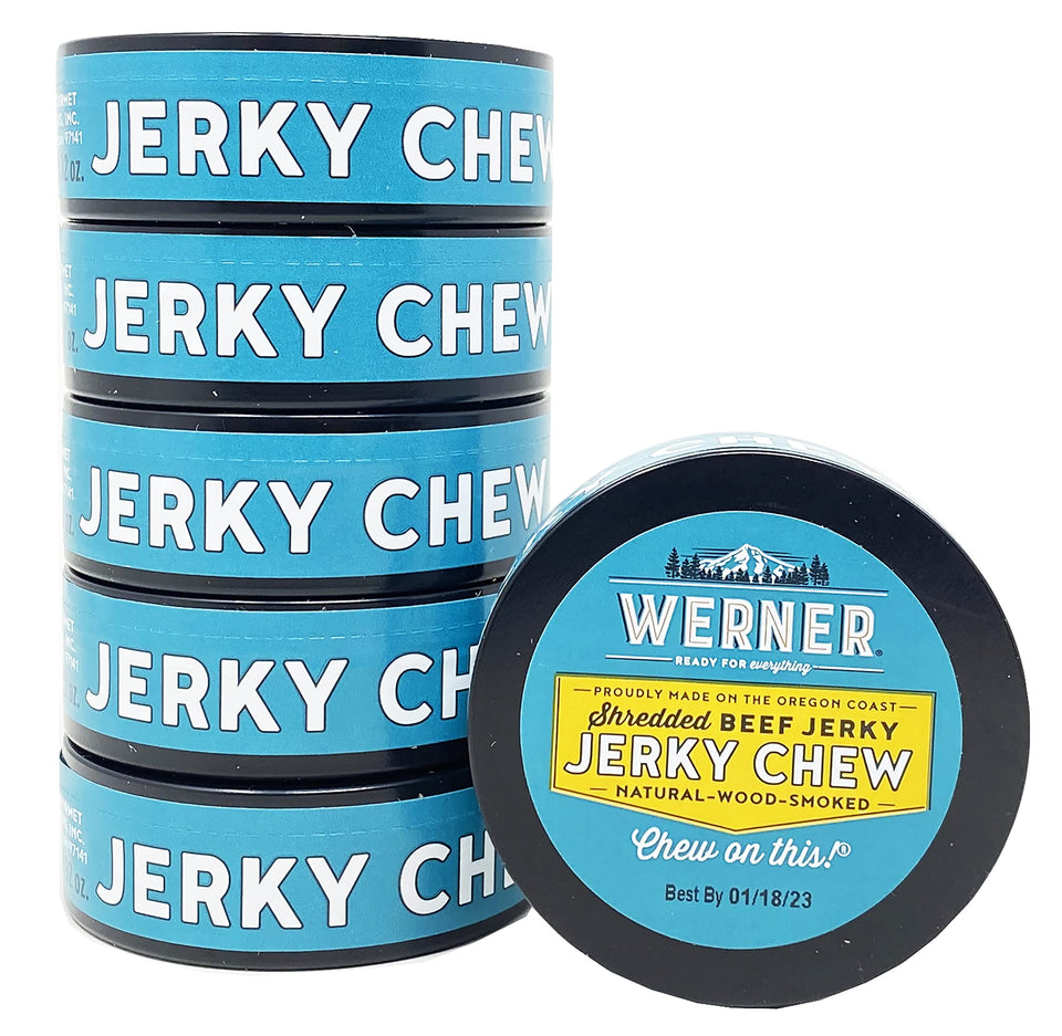 Werner beef jerky chew tin six-pack, portable protein snack for on-the-go.
