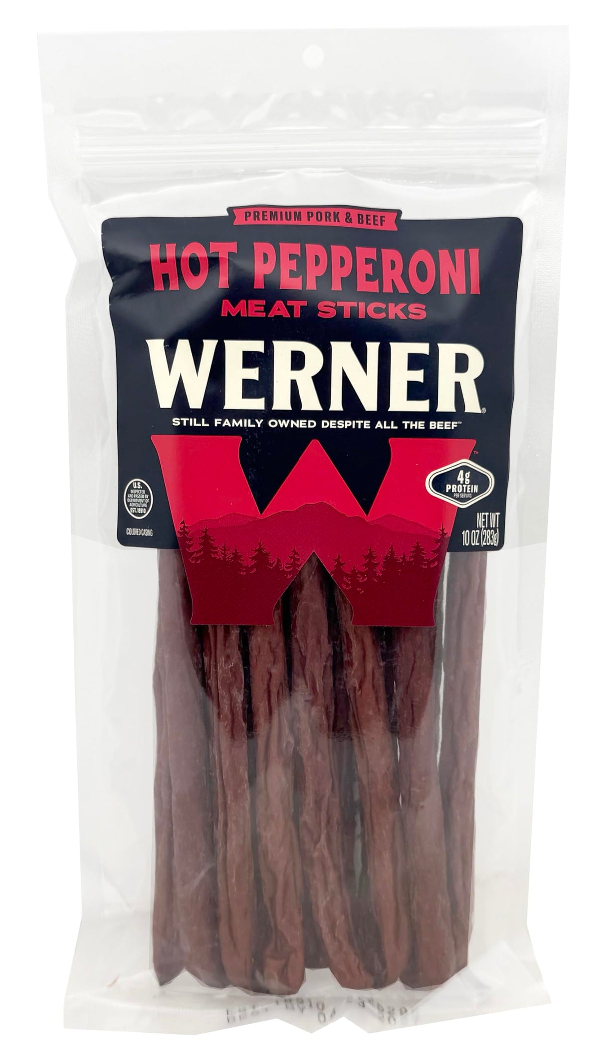 Werner hot pepperoni meat sticks in 9-inch form, ideal for on-the-go snacking.