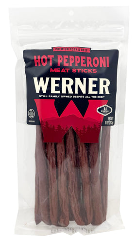 Werner hot pepperoni meat sticks in 9-inch form, ideal for on-the-go snacking.