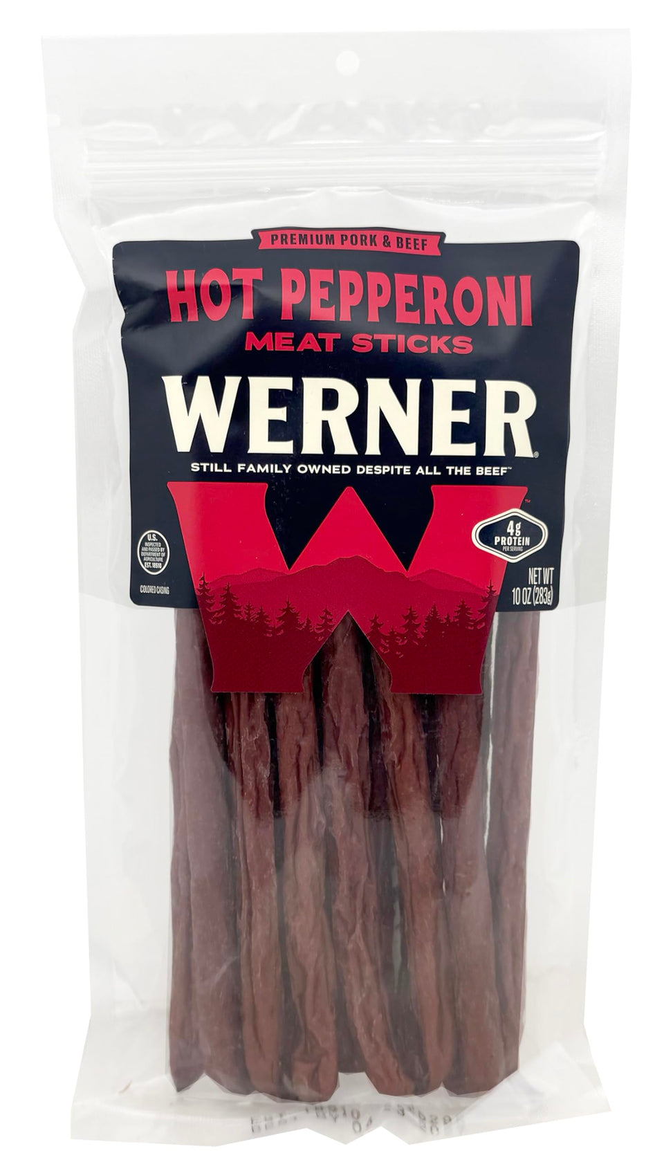 Werner hot pepperoni meat sticks in 9-inch form, ideal for on-the-go snacking.
