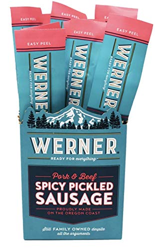 Werner spicy pickled sausages displayed on a rustic board, ideal for grab-and-go snacks