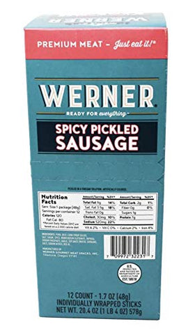 Individual wrapped Werner spicy pickled sausages ready for lunch breaks and picnics