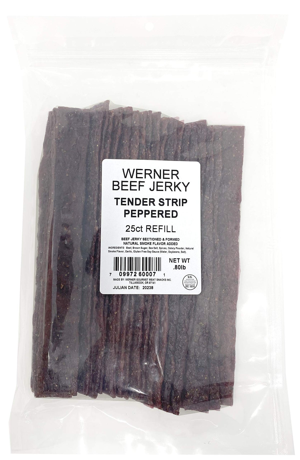 Werner Tender Strips peppered beef jerky, 8.5-inch strip with bold pepper flavor for on-the-go protein.