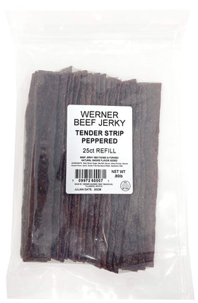 Werner Tender Strips peppered beef jerky, 8.5-inch strip with bold pepper flavor for on-the-go protein.