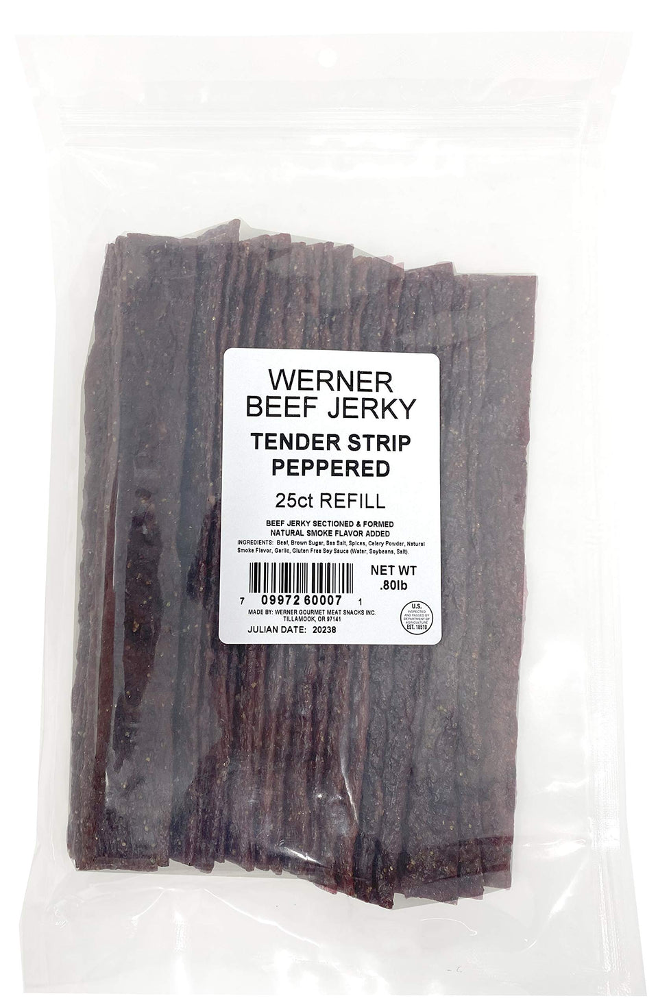 Werner Tender Strips peppered beef jerky, 8.5-inch strip with bold pepper flavor for on-the-go protein.