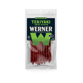 Werner Teriyaki Meat Sticks bag front with 14 sticks ready for snacking