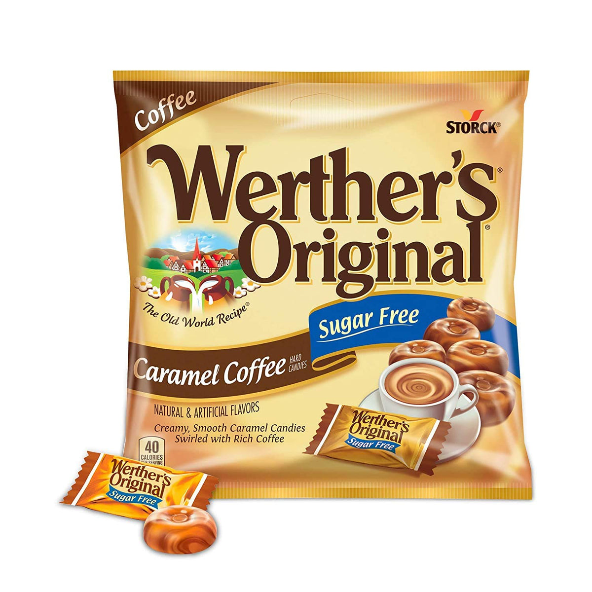 Werther's Original sugar-free caramel coffee candies, hero pack, ideal for gatherings.