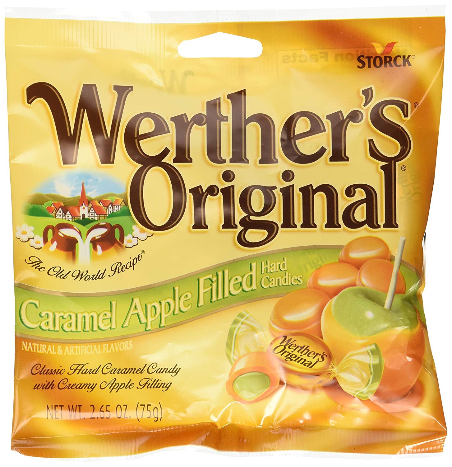 Werther's Original caramel apple filled candies pack shot, individually wrapped for freshness and on the go