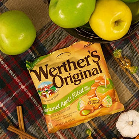 Close-up of Werther's Original caramel apple filled candy, smooth caramel center ready to enjoy