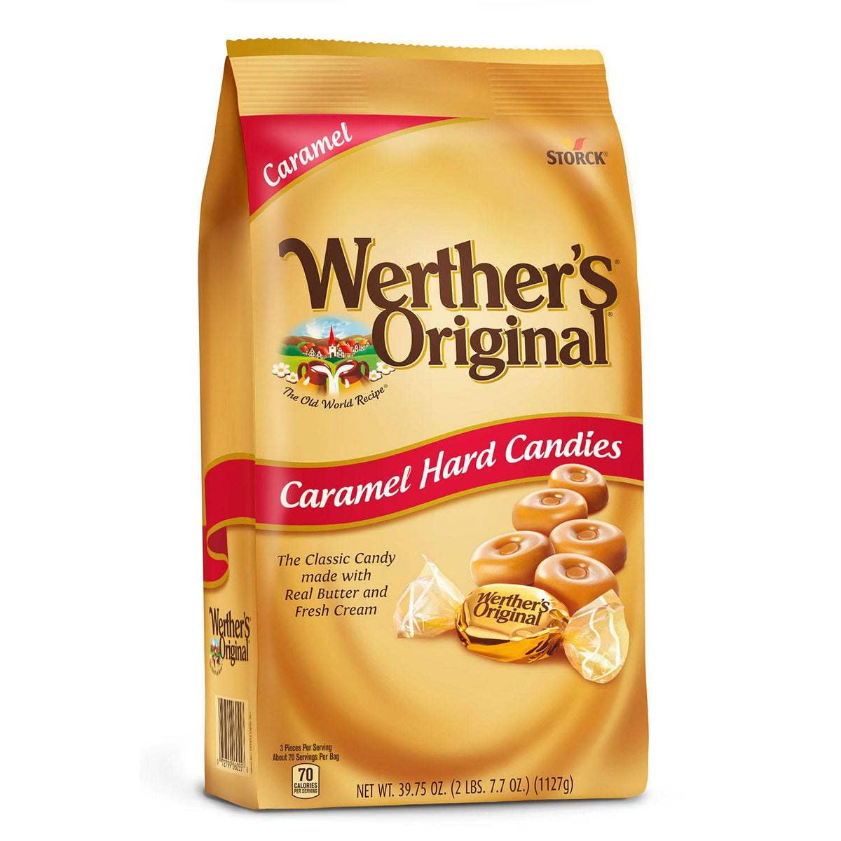 Werther's Original caramel candies bag front view highlighting classic buttery caramel flavor.
