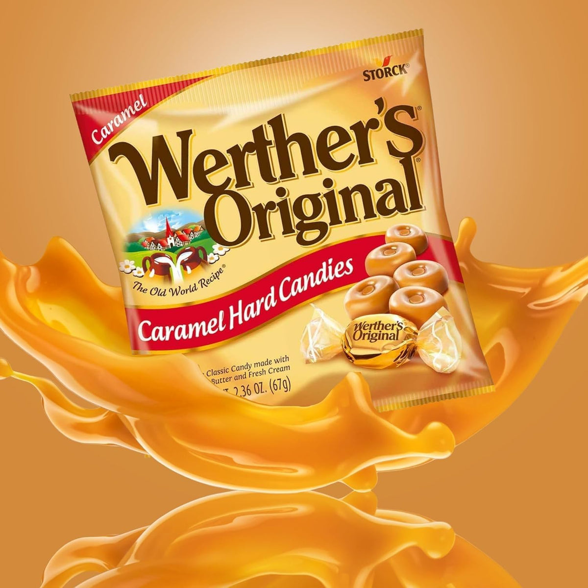 Close-up of Werther's Original gold wrappers highlighting premium caramel flavor.