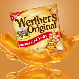 Close-up of Werther's Original gold wrappers highlighting premium caramel flavor.