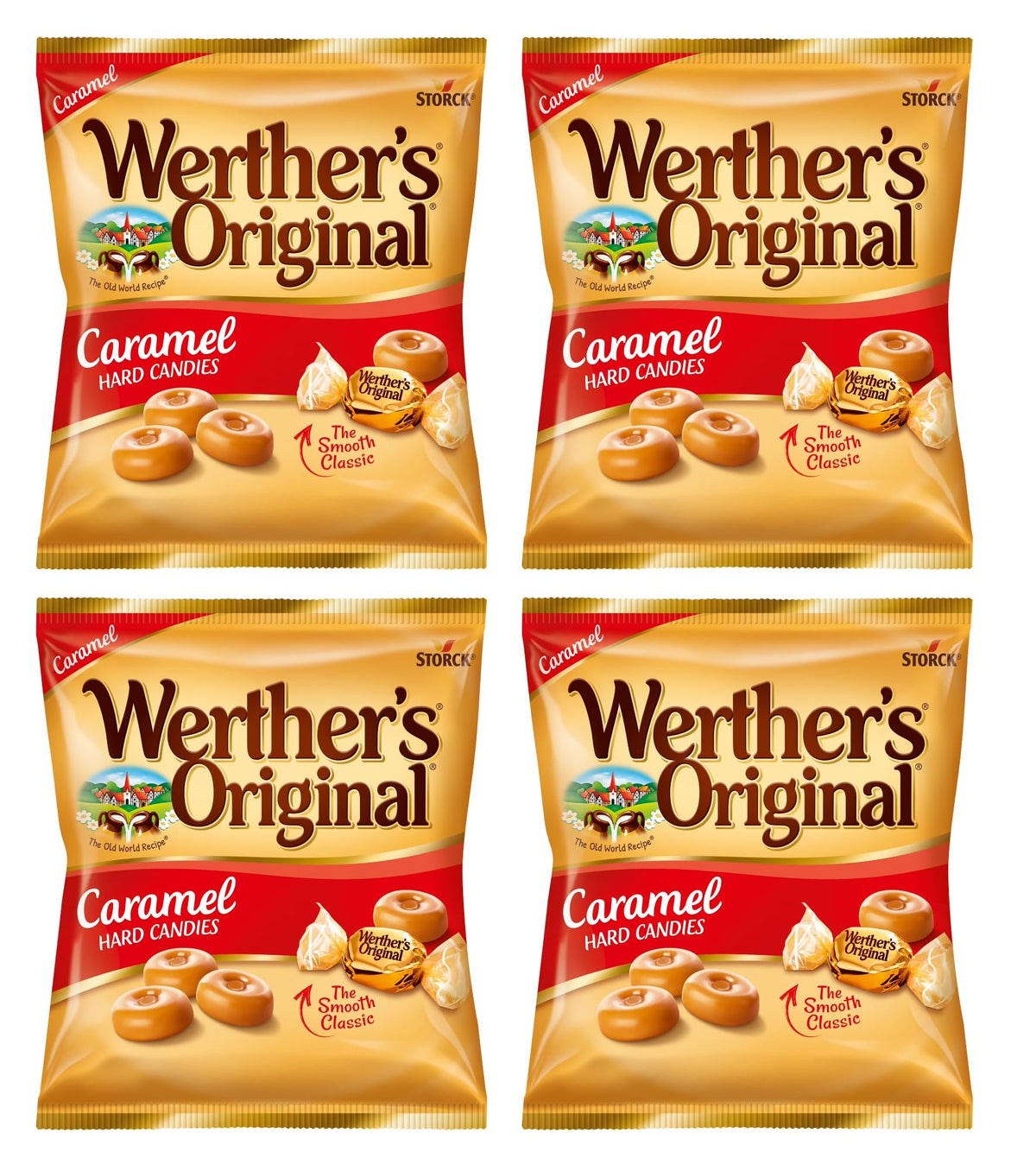 Werther's Original caramel candies in a pack of four bags for sharing and gifting.