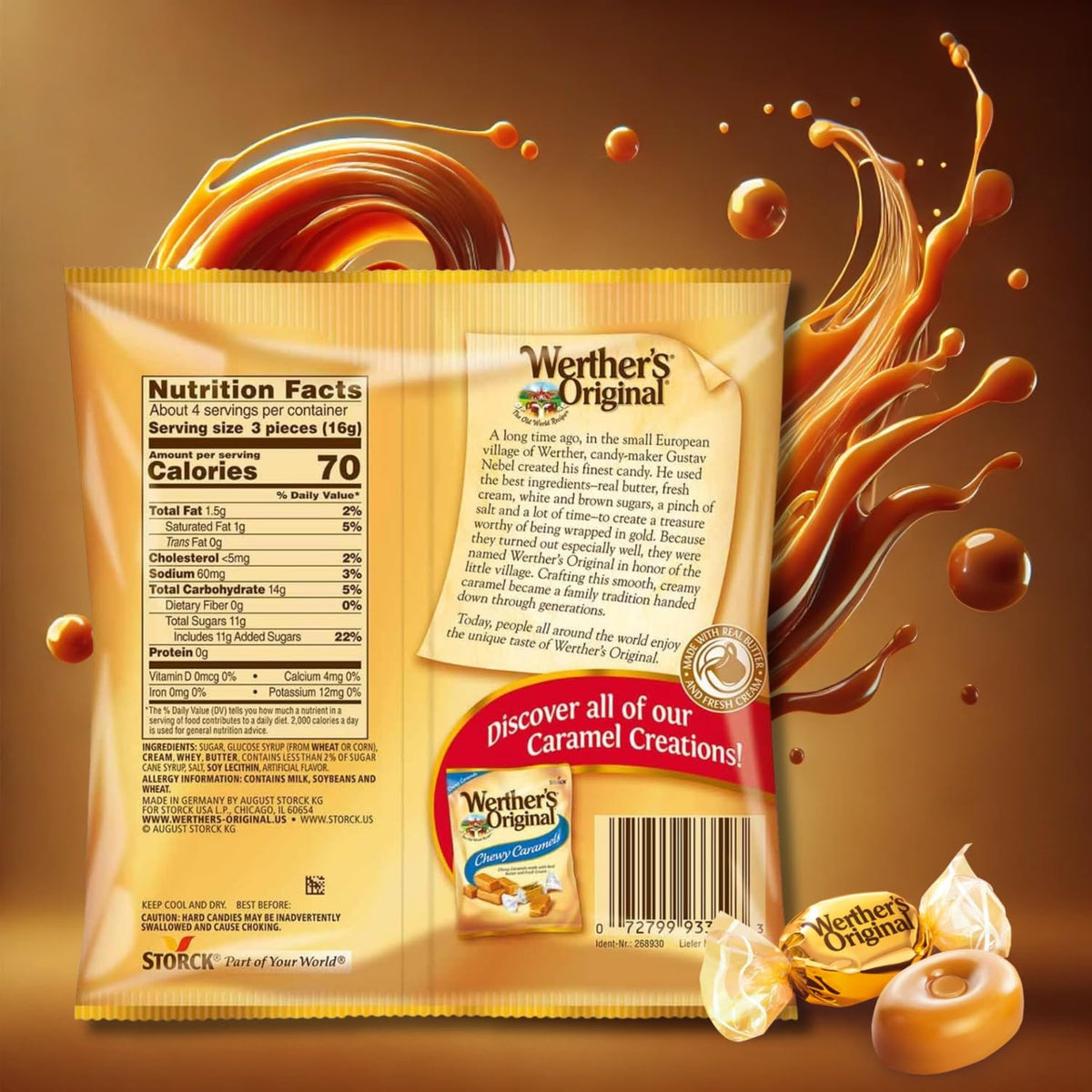Individually wrapped Werther's Original caramel candies for mess-free snacking on the go.