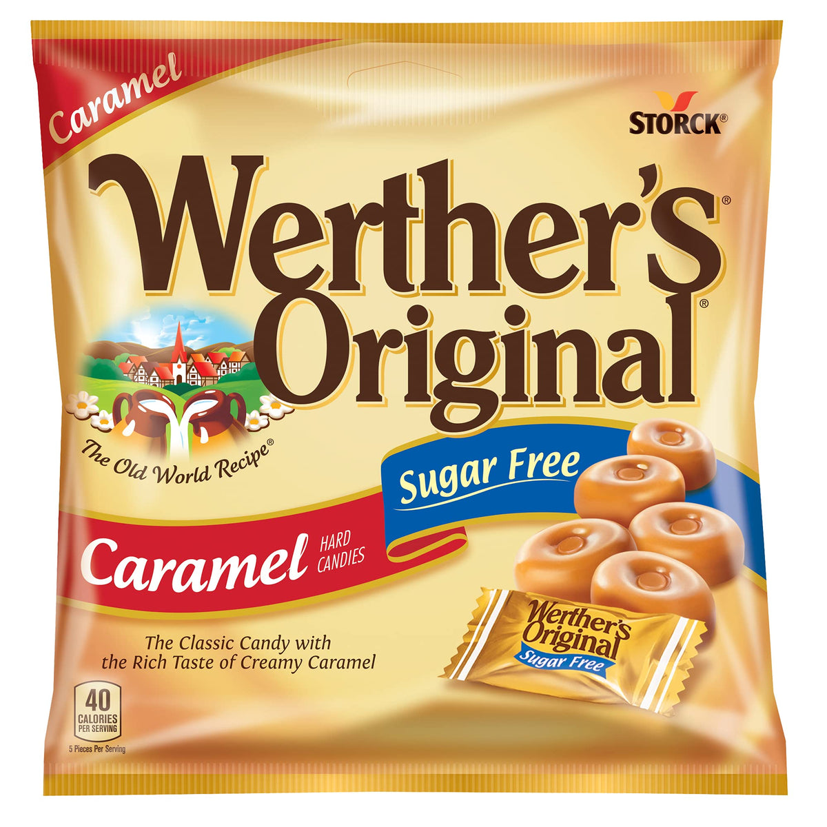 Werther's Original sugar-free caramel hard candies in a bag for on-the-go snacking.