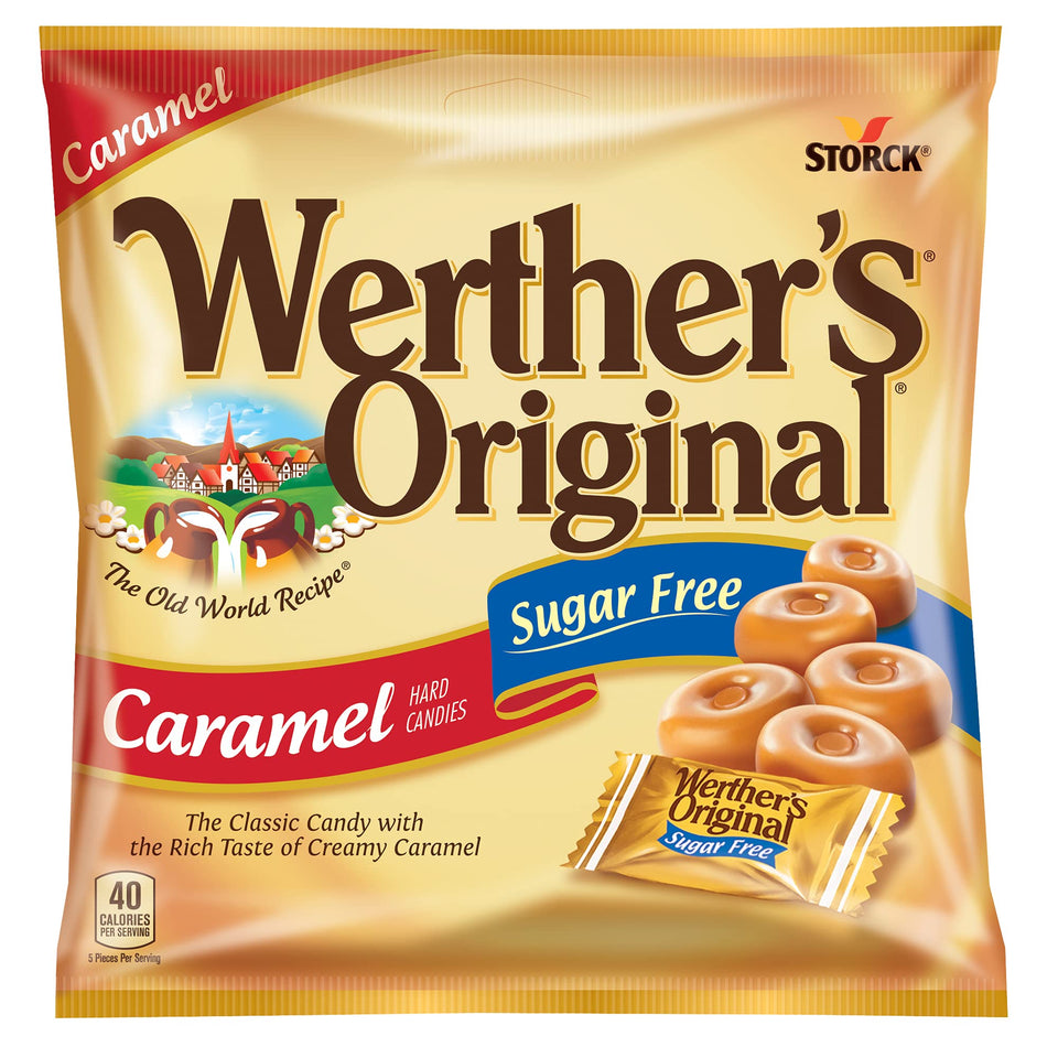 Werther's Original sugar-free caramel hard candies in a bag for on-the-go snacking.