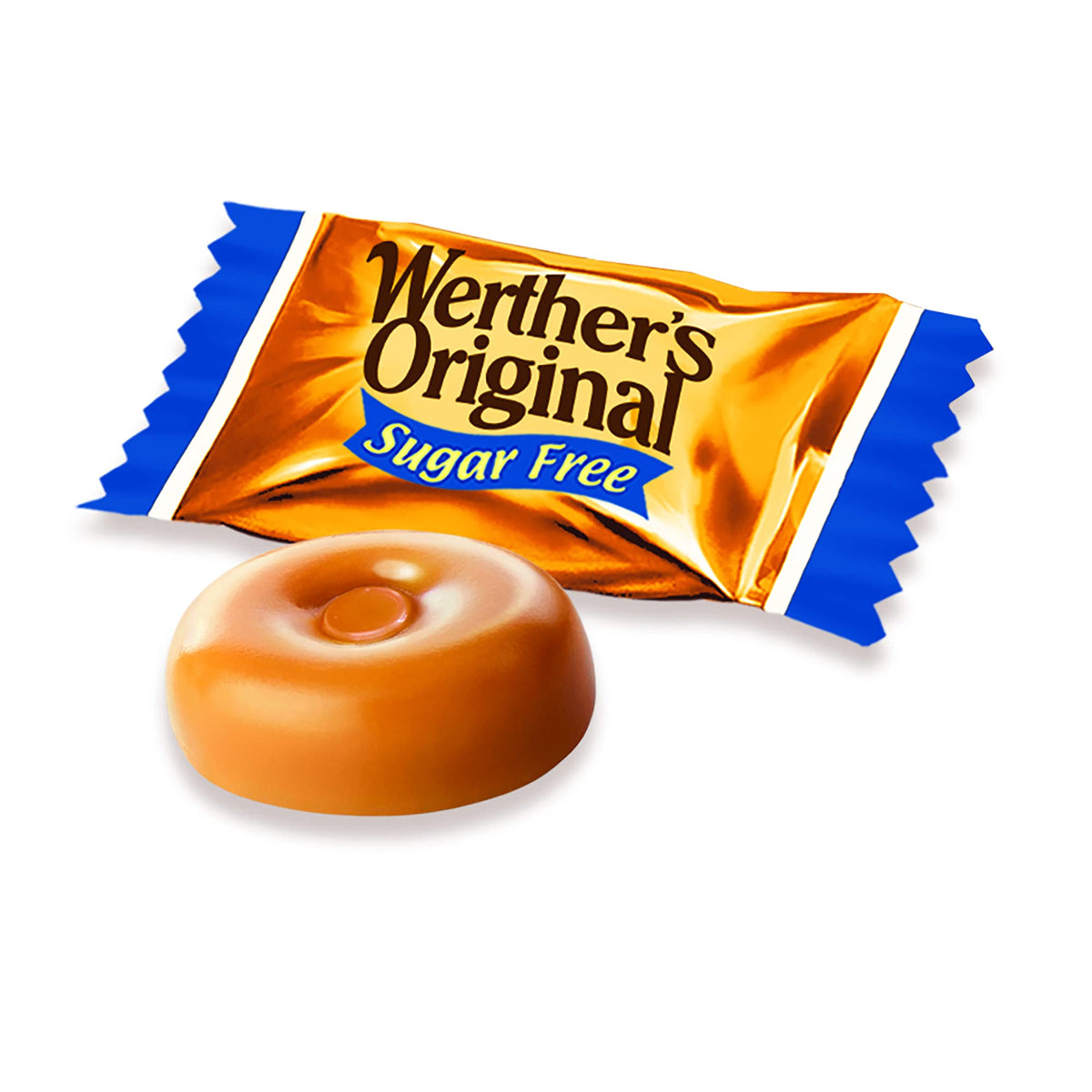 Close-up of Werther's Original sugar-free caramel candy showing a creamy melt.