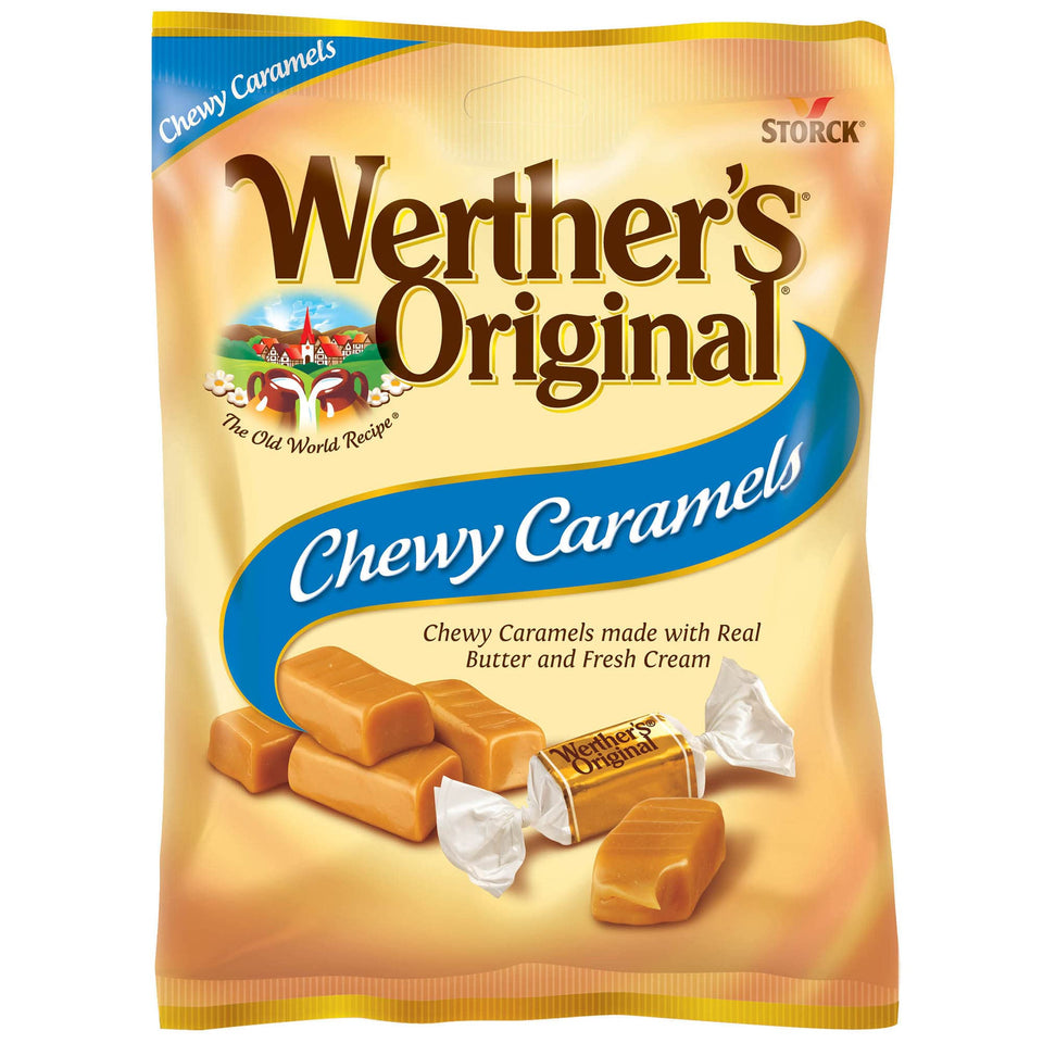 Werther's Original chewy caramels with vanilla center in a 5 oz bag, perfect for sharing.