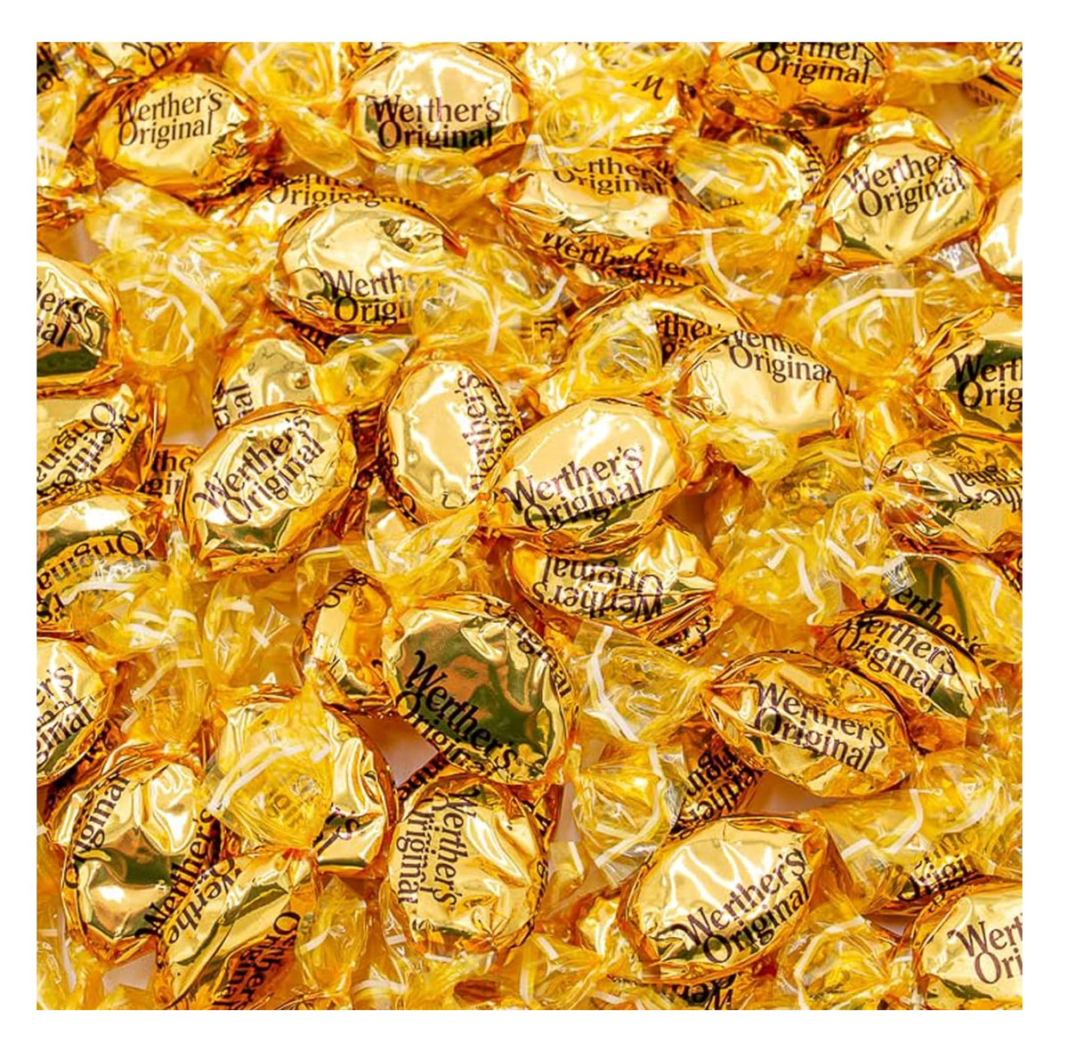 Werther's Original creamy caramel filled candies in a 2 lb bag, ideal for sharing.